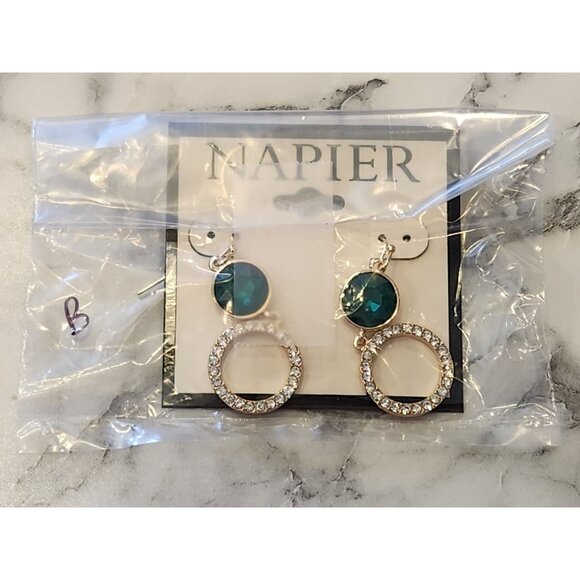 Napier Gold-Tone Drop Earrings With Green Crystal & Rhinestone Circle Design - Picture 2 of 5
